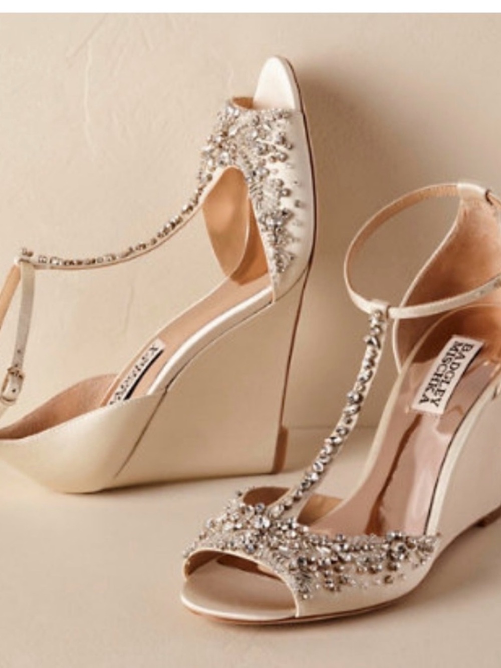 Badgley Mischka Champagne Crystal-Embellished T-Strap Heels - Worn only once!!